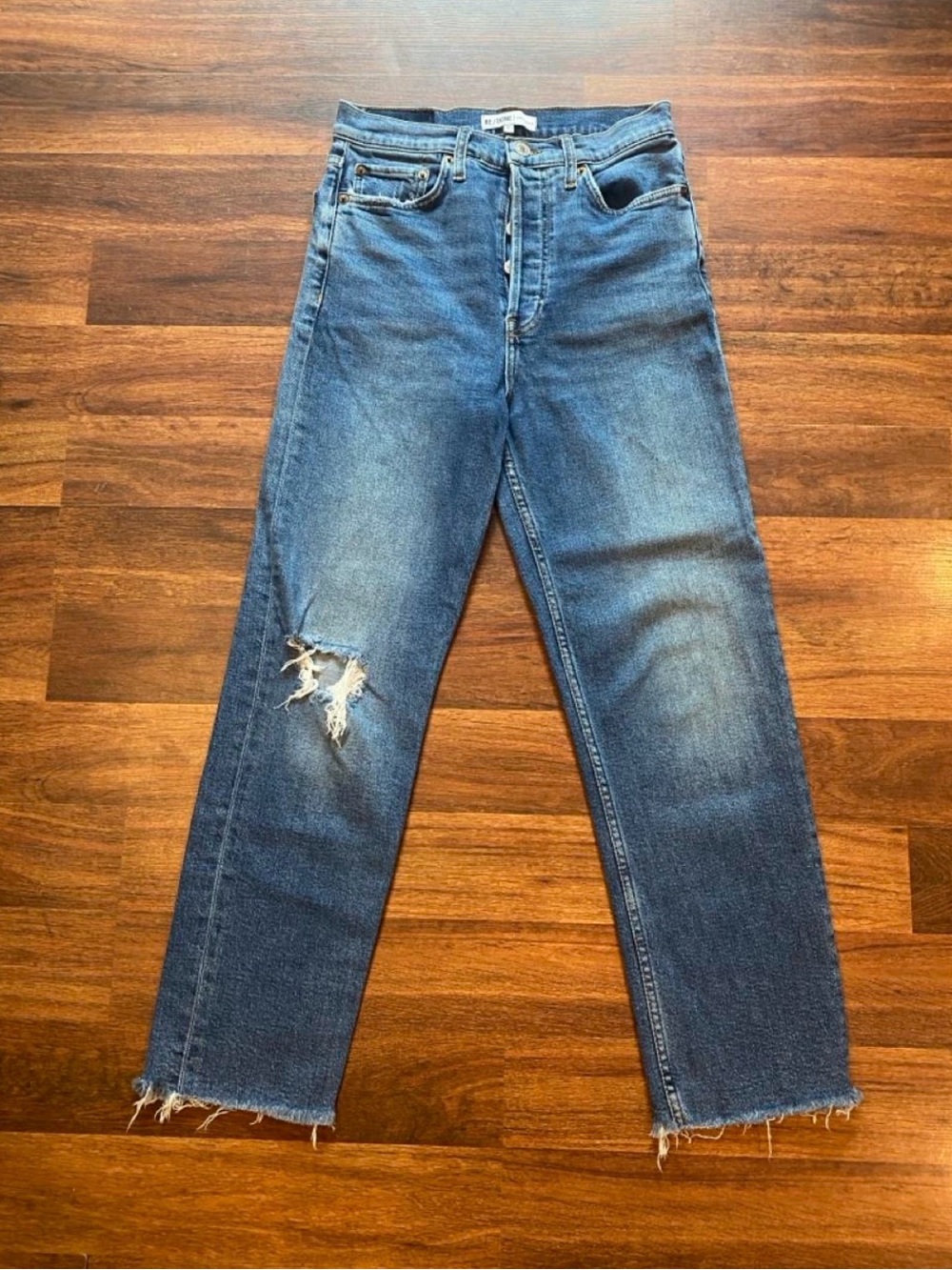Re/Done Women's Blue Straight-Leg Distressed Jeans